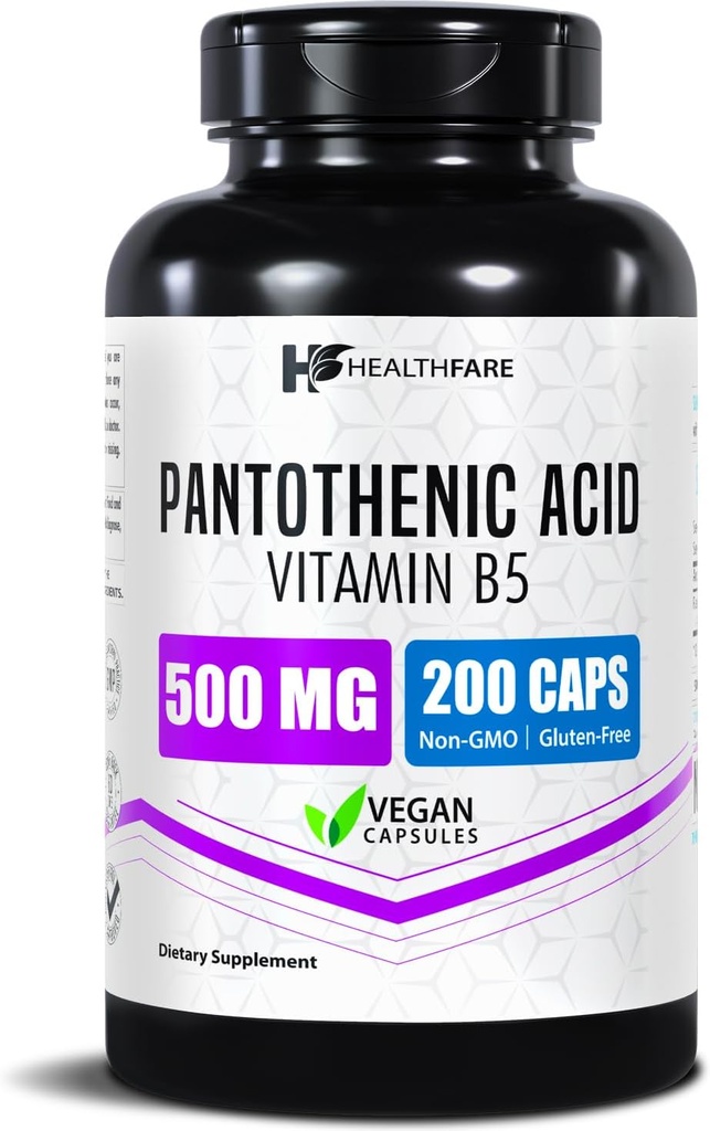 Healthfare Pantothenic Acid 500 mg Vitamin B5 Supplement | 200 Vegan Capsules | Ekstra Güçlü Enerji & Metabolism Desteği | ABD'de Yapılacaklar