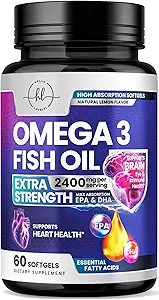 Omega 3 Fish Oil Supplements 2400 mg - Triple Strength Omega 3 Fatty Acids, Natural Heart Health Brain & Joint Support - Fatty Acids with EPA & DHA - Wild Caught Fish Oil Supplement - 60 Softgels