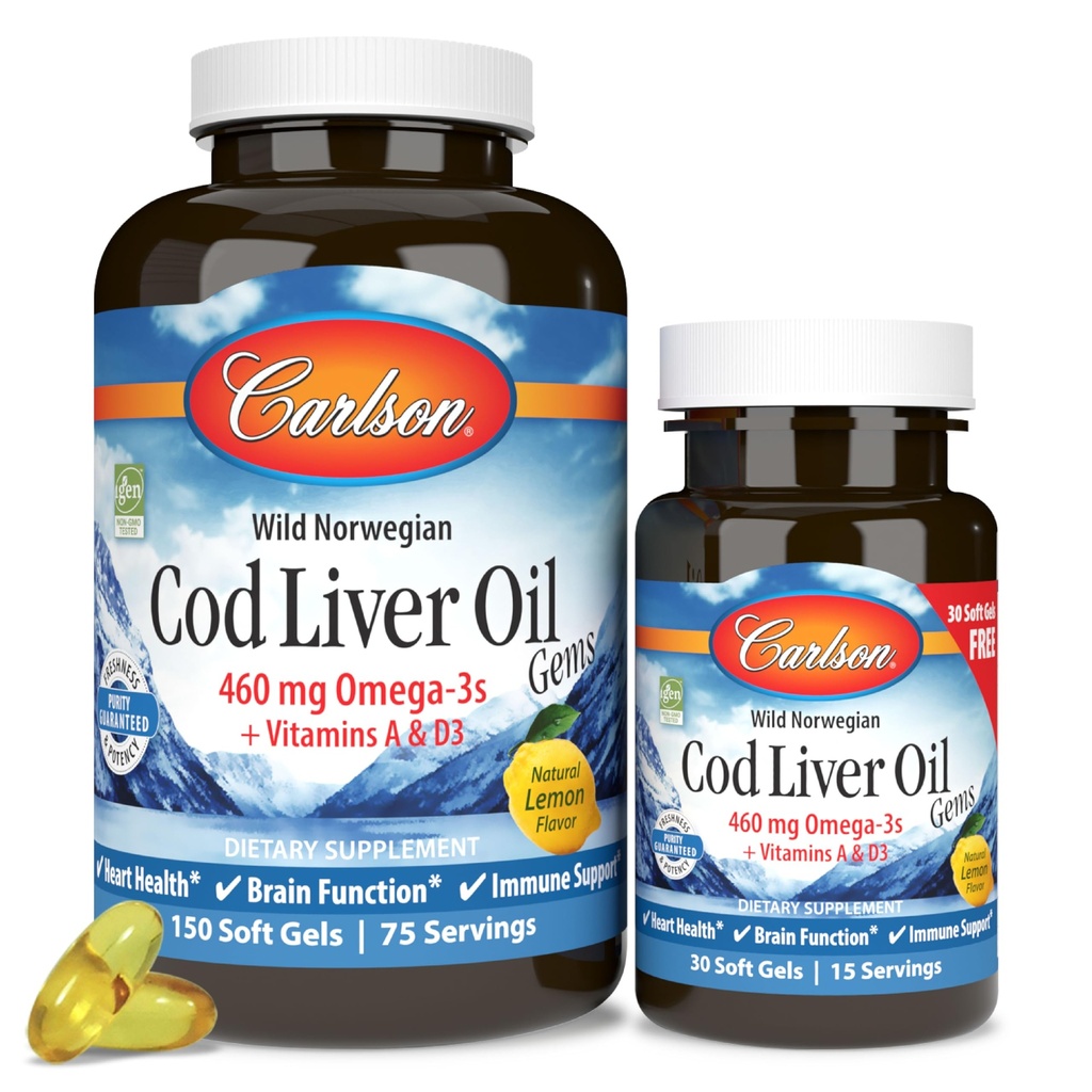 Carlson - Cod Liver Oil Gems, 460 mg Omega-3s, Plus Vitamins A ve D3, Wild Caught Norveç Arctic Cod, Sustainable Sourced Nordic Fish Oil Capsules, Lemon, 150 + 30 Softgels