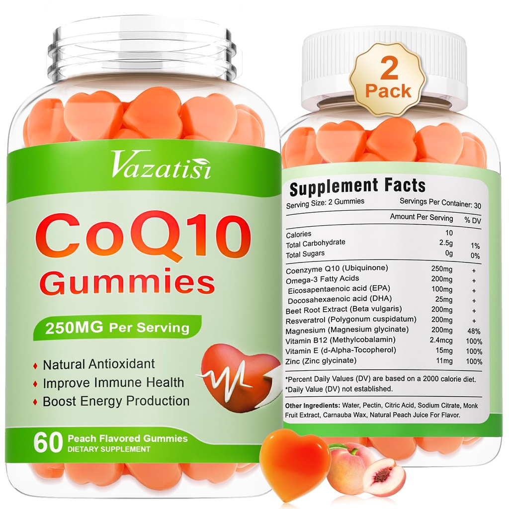 2 Pack CoQ10 Gummies 250 mg, Plus Omega-3, Magnesium, Vitamin B12 for Cellular Energy, Brain & Antioxidant, 5X Better Absorption Coenzyme Q10 Supplement - 120 Cts