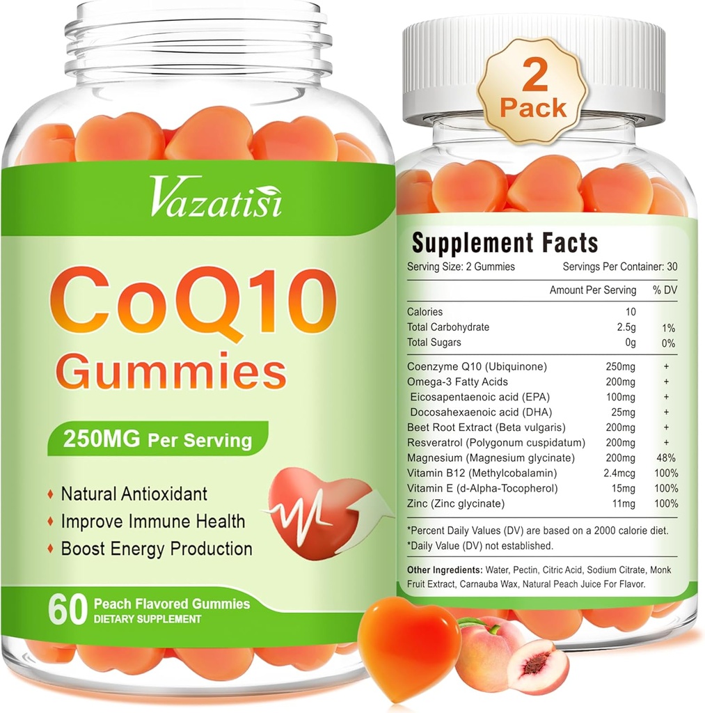 2 Pack CoQ10 Gummies 250 mg, Plus Omega-3, Magnezyum, Hücre Enerjisi, Beyin ve Antioksi, 5X Better Abxia Coenzyme Q10 Supplement - 120 Cts