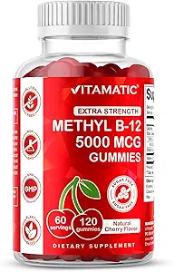 Vitamatic Extra Strength Vitamin B12 5000 mcg (Methyl B12) Gummies - 120 Kont - Enerji Metabolism Desteği ve Nervous System Health Support, Natural Cherry Flavored (1)
