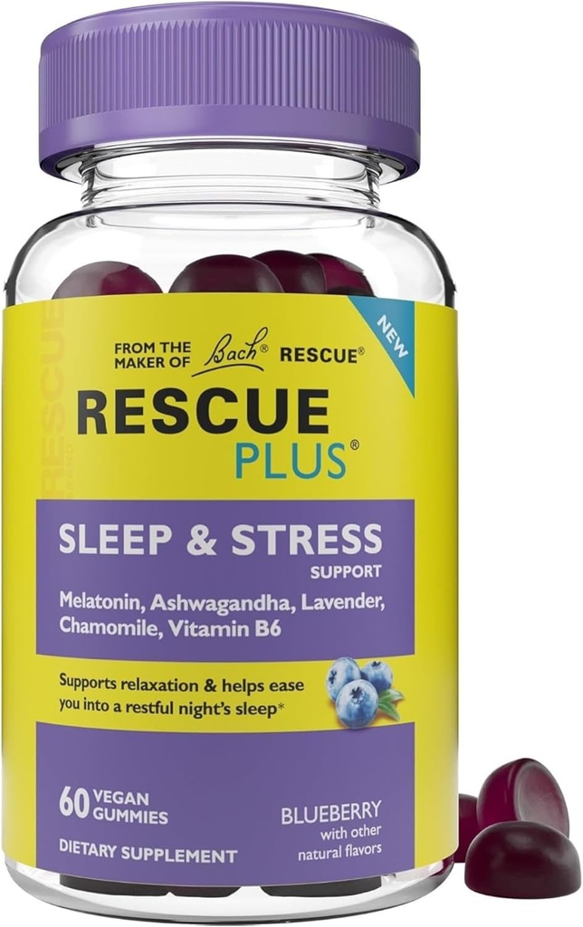 Bach RESCUE PLUS Sleep & Stress Support Gummies, Nighttime Diyetary Supplement with 1mg Melatonin, Ashwagandha, Chamomile, Lavender & Vitamin B6, Natural Blueberry Flavor, Vegan & Gluten-Free, 60