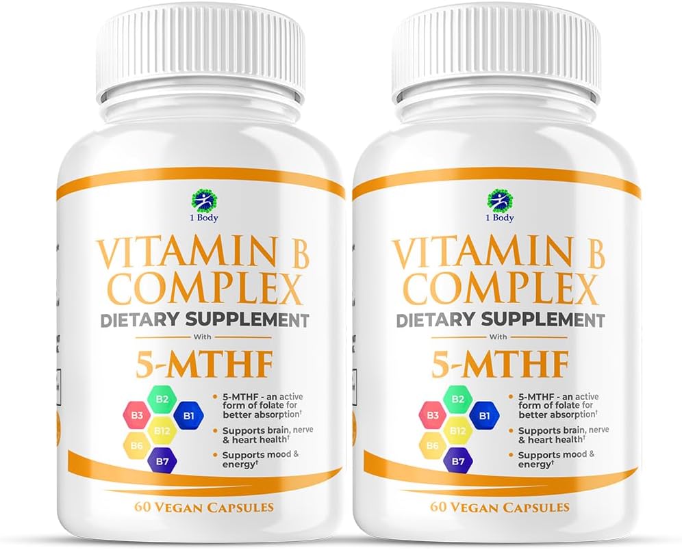 1 Body Vitamin B Kompleksi Twin Pack – 5MTHF Folate with B1, B2, B5, B6, Torch B12, Niacin, Biotin – 60 Capsules Every