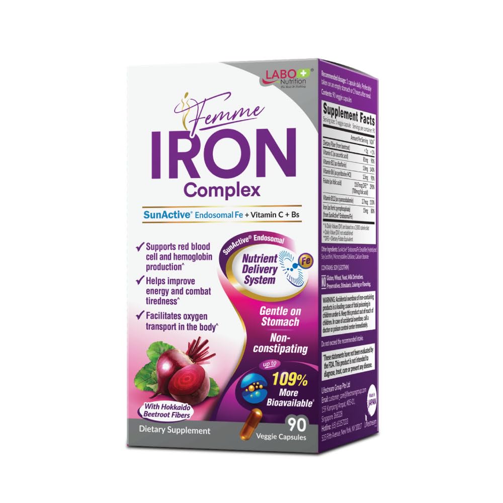 LABO Διατροφή Femme Iron Ενδοσωμικός Ήλιος Ενεργός, μη ερεθιστικό 15mg Συμπλήρωμα σιδήρου για Builder αίματος, Vegan, Gentle, Όχι Μεταλλική Επίγευση, Μη Συντηρητικό, Ιδανικό για Ευαίσθητα Στομαχικά, 90 Count