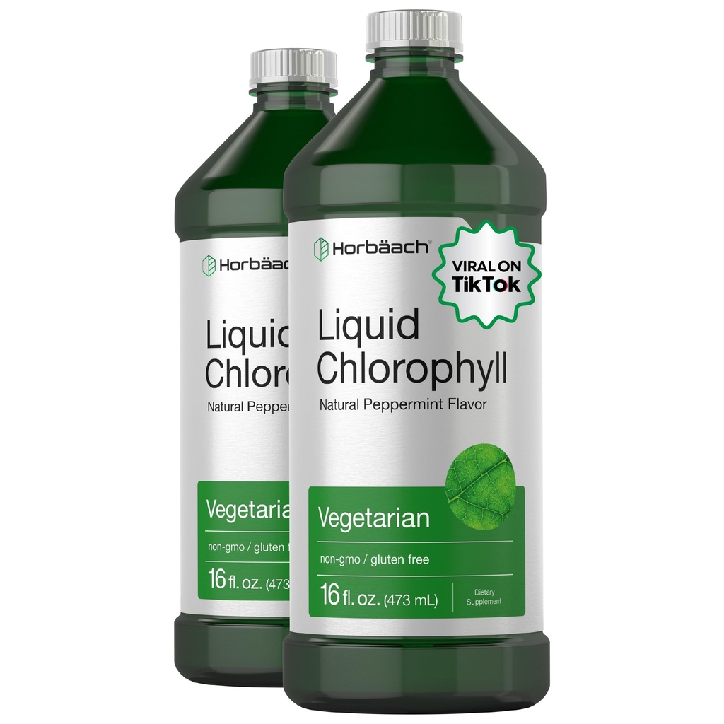Horbäach Chlorophyll Liquid Drops | 100mg | 32 oz (2 x 16 oz Bottles) | Natural Peppermint Flavor | Vegetarian, Non-GMO, Gluten Free Supplement
