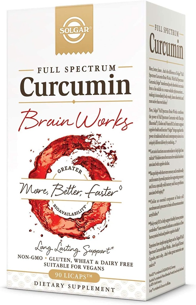 Solgar Full Spectrum Curcumin Brain Works, 90 Licaps - Υποστηρίξτε τη μνήμη Θυμηθείτε, Εστίαση, Γνωστική λειτουργία - Αντιοξειδωτική υποστήριξη - Κουρκουμίνη, BacoMind, Χολίνη, Βιταμίνη B12 - Μη ΓΤΟ, Vegan - 30 Υπηρεσίες