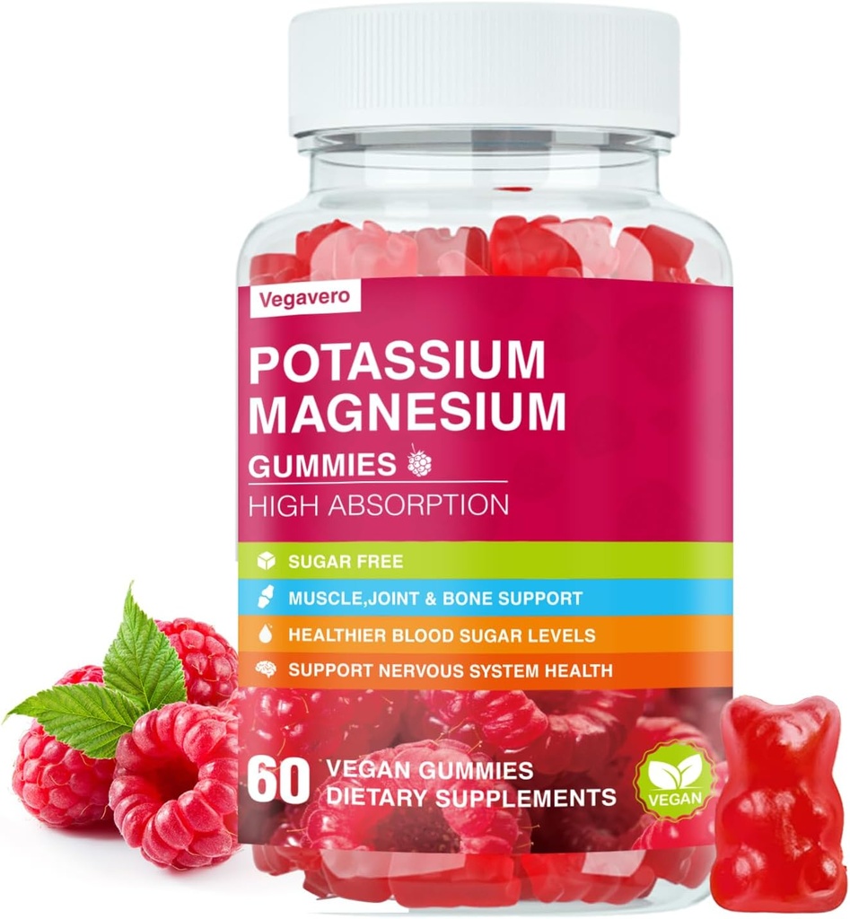 Potasyum Magnezyum Gummies - Yüksek Aborpsiyon Glycinate & Pyum Citrate Plus Coenzyme Q10, DHA, D3, Mineral & Kalsiyum Zzz, Leg Cramps & Kas - 60 Raspberry Gummies