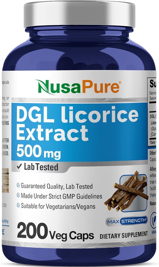 NusaPure DGL Licorice Ekstra 500 mg 200 Veggie Capsules (Vegan,Non-GMO)