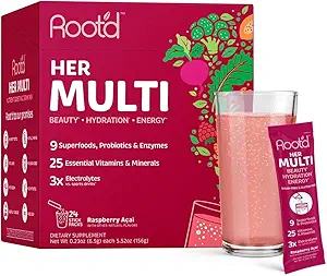 Root'd Multivitamin Powder for Women - 25 Vitamins & Minerals with 3X Electrolytes, 9 Organic Superfoods, Probiotics & Enzymes, Sugar-Free Multivitamin & Hydration | 24 Vitamin Drink Mix Packets