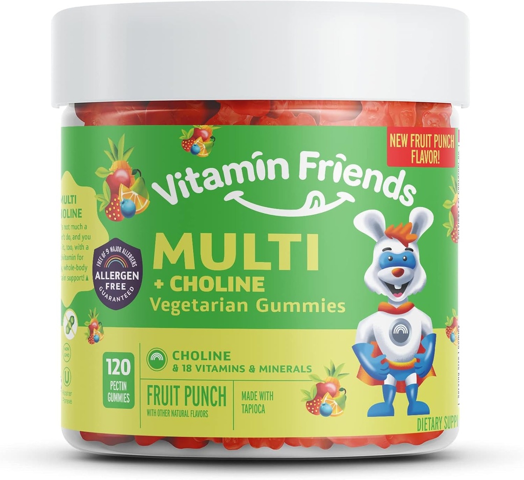 Vitamin Friends - Χορτοφαγική πολυβιταμίνη & χοληστερόλη για τα παιδιά - Καθημερινή διατροφική υποστήριξη Gummies w/Vitamin C, D, E, A, B6, ψευδάργυρος, φολικό οξύ, χολίνη, σελήνιο, νιασίνη, θειαμίνη, βιοτίνη (30 Ημέρα προσφοράς)