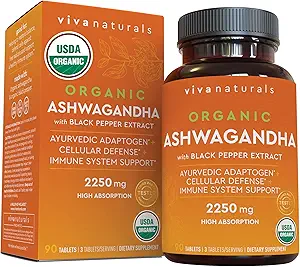 Organic Ashwagandha Supplement with Black Pepper - Includes 2250 mg Ashwagandha Root Powder & Organic Black Pepper for Superior Absorption (90 Tablets), Antioxidant & Immune Support