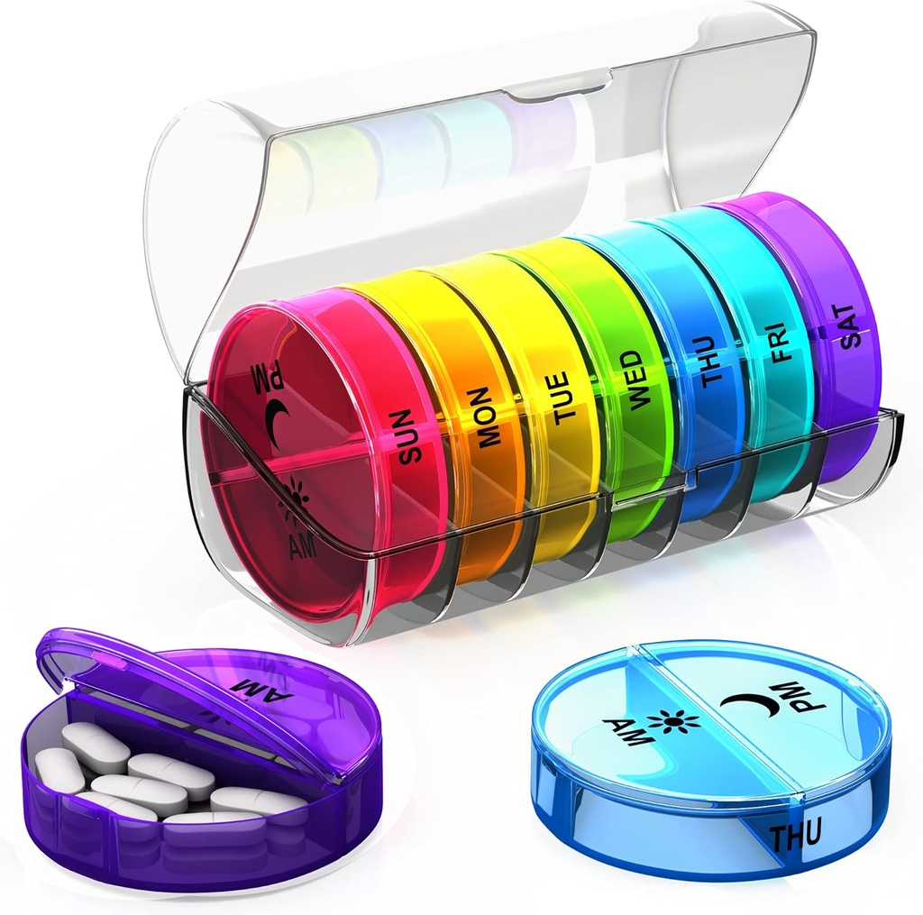 Haftalık Pill Organizer 2 Times a Day - Büyük Kapasite - Gezi Pill Box 7 Gün Airtight Lid Lock - Portreatif Pill Case for Purse - Vitaminler, Tamamlar ve Fish Oil Pills (Rainbow)