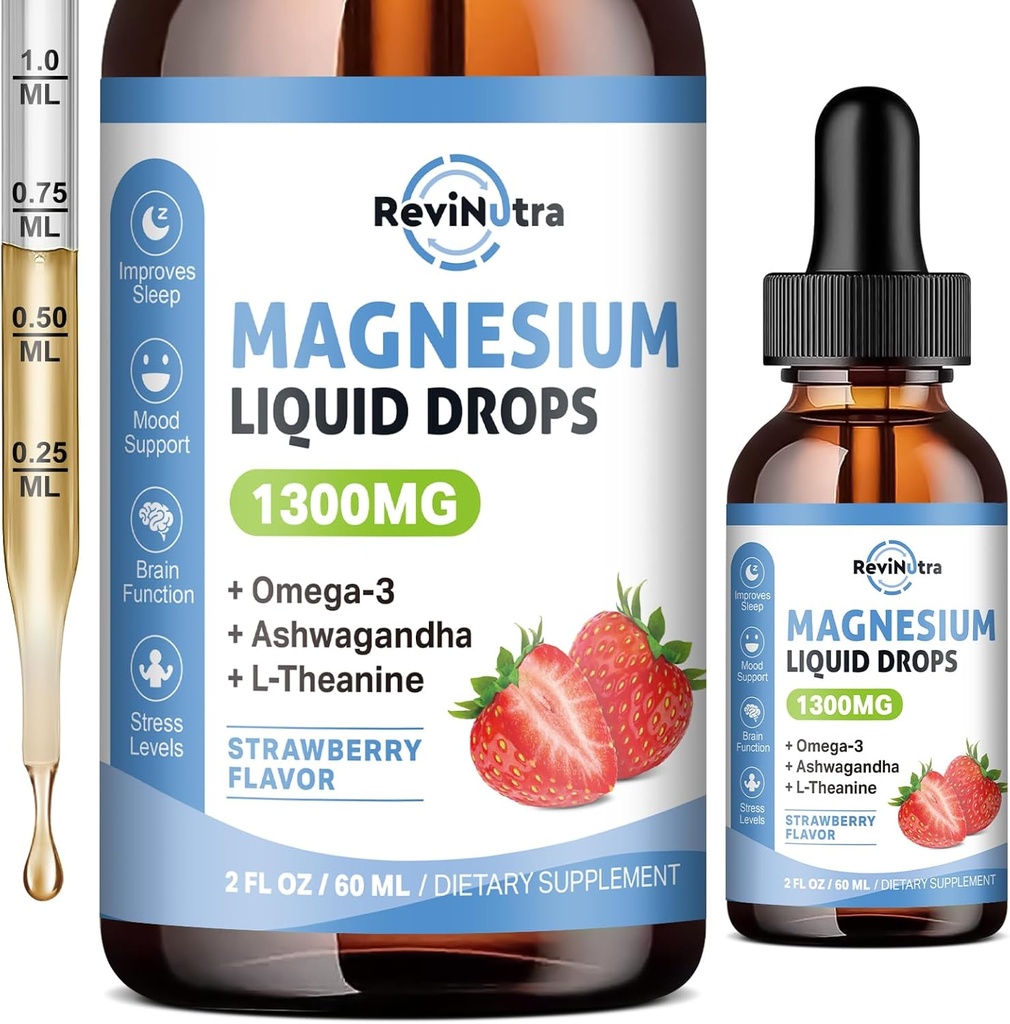 Triple Complex Liquid Drops, 1300 mg Glycinate, Taurate & Citrate with Omega3, L-Theanine, Ashwagandha, Pyum, D3, B6, B12 for Calm, Sleep, Muscle, Strawberry Flavor, 2 Fl OZ