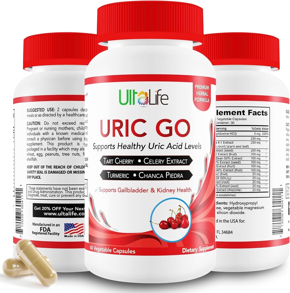 #1 URIC GO Uric Acid Cleanse Υποστήριξη συμπλήρωμα για G.O.U.T - Φυσικό Kidney Cleanse Detox Formula Chanca Piedra, Σπόροι σέλινου, Tart Cherry, Cranberry, Ρόδι, Turmeric, Vegan Non-GMO 60 κάψουλες