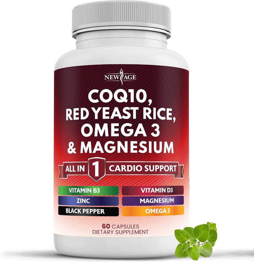 NEW AGE COQ10 200mg Κόκκινο ρύζι ζύμης, Ωμέγα 3, σύμπλοκο μαγνησίου, Βιταμίνη ψευδαργύρου K2 D3 - Οι βιταμίνες για την υγεία της καρδιάς για τις γυναίκες και τους άνδρες με βιταμίνη Β3, Coenzyme Q10-60 Count