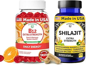 Lunakai USA Made B12 Gummies & Shilajit Capsules Bundle – Extra Strength Daily Energy & Wellness Support