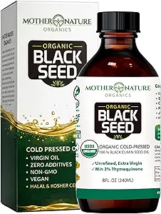 Mother Nature USDA Organic Black Seed Oil, High TQ 2, Cold Pressed, Unrefined Nigella Sativa, Omega 3 6 9 for Immune, Joint & Heart Support, Hair & Skin, Non-GMO, Glass Şişe (8oz)