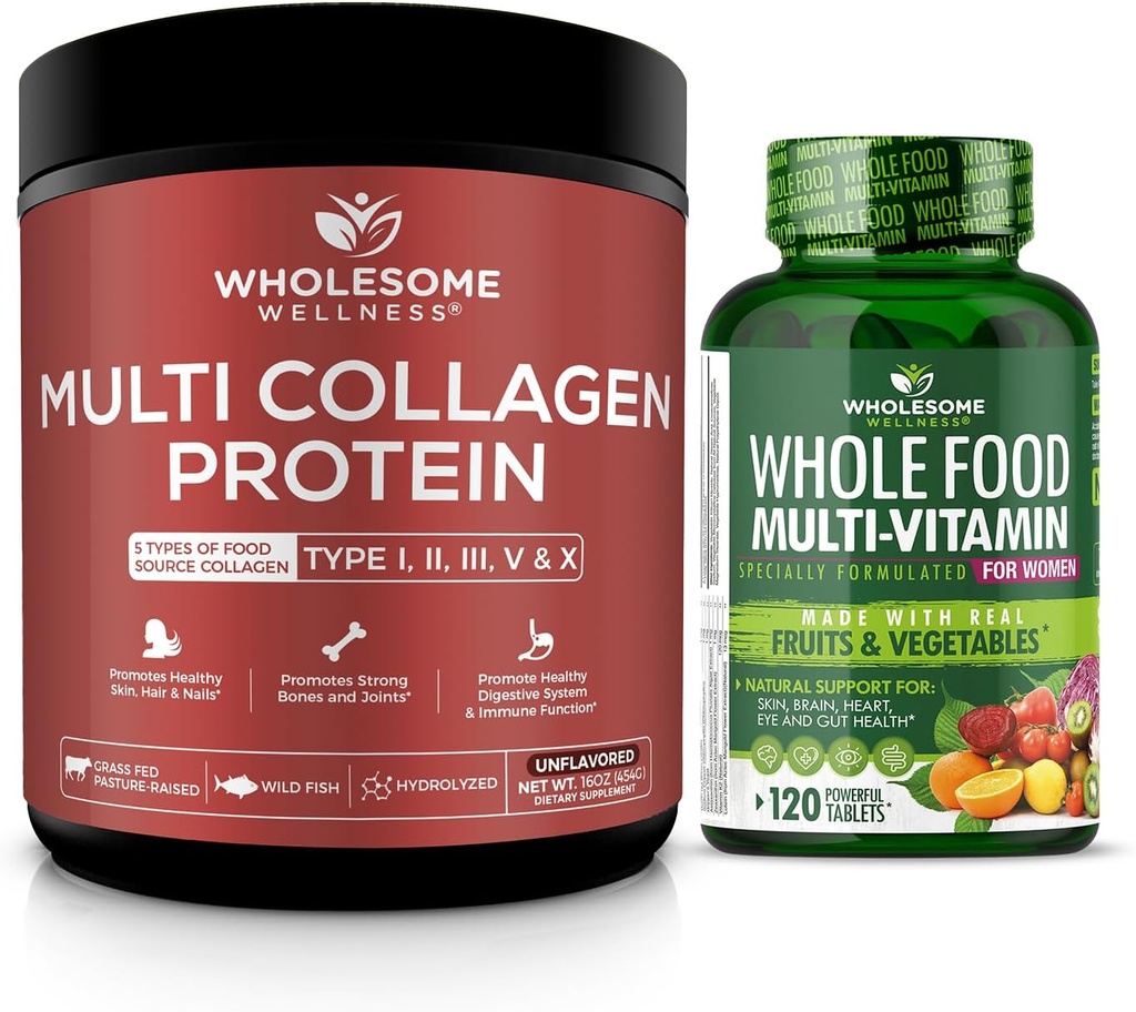 Whole Food Multivitamin for Women + Multi Collagen Protein Powder Hydrolyzed (Type I II III V X) Bundle