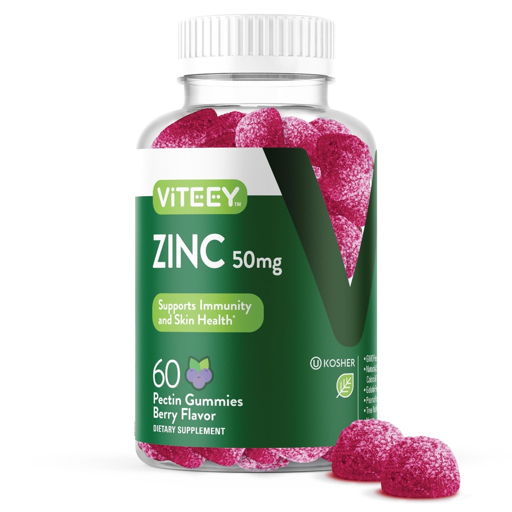 VITEEY Çinko Erkekler ve Kadınlar için Gummies - Çinko 50 mg - Immune Boost & Skin Health - Vegan, Gluten Free - 60