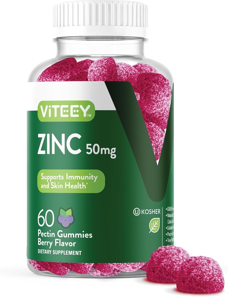 VITEEY Gummies ψευδάργυρου για άνδρες και γυναίκες - Συμπληρώματα ψευδαργύρου 50mg - Ανοσοποιητική ενίσχυση & υγεία του δέρματος - Vegan, χωρίς γλουτένη - 60 Count