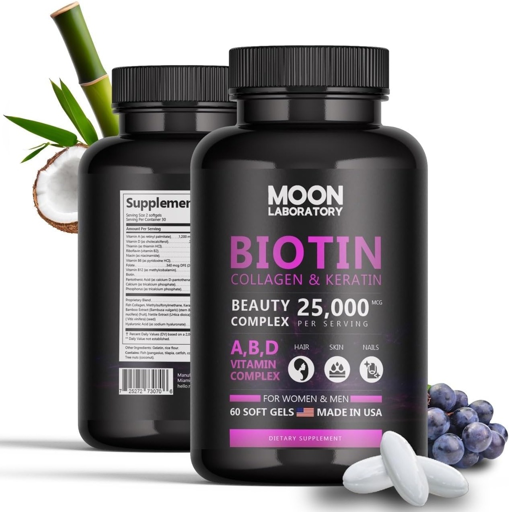 Premium Biotin 5.000 mcg Beauty Kompleksi Collagen, Keratin, Hyaluronic Asit, A, D3, B-Complex, Calcuim & Coconut Oil. Saç Büyümesi, Nails, Skin. 60 Softgels