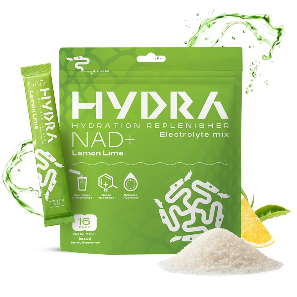 Hydra Powders NAD+ Nutrients Electrolyte Powder Packets, Anti Aging Daily Hydration Packets, Low Sodium Electrolytes Powder, Electrolyte Drink Mix Low Sugar - 16 Electrolyte Packets Lemon Lime