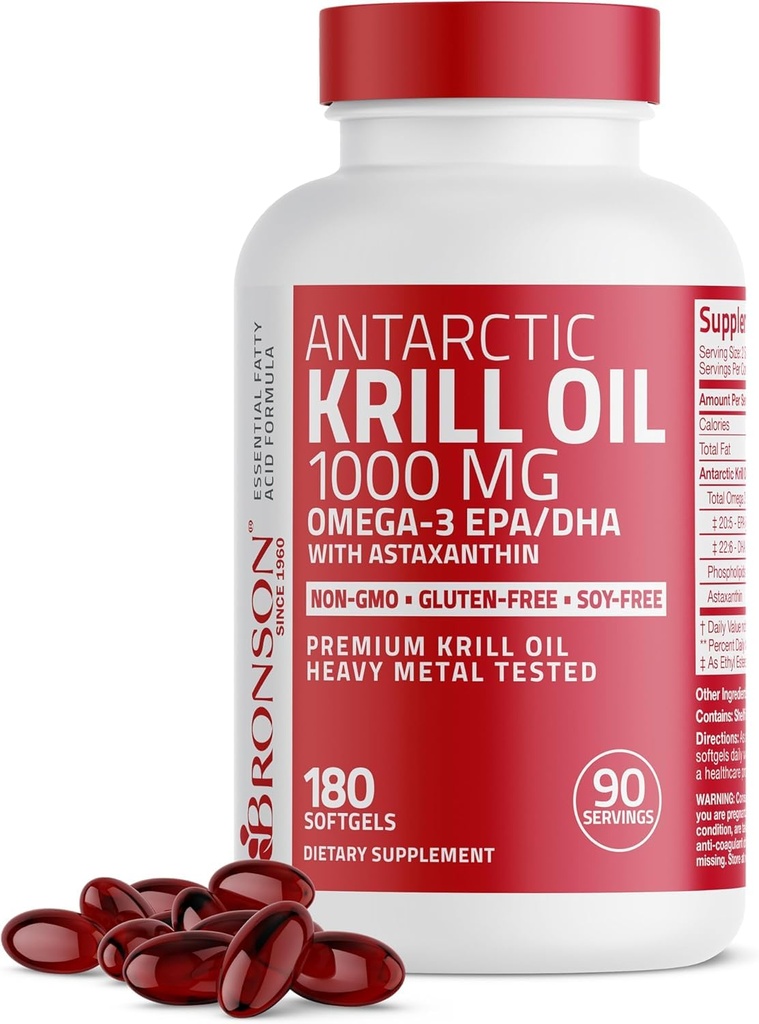 Bronson Ανταρκτική Κριλ Oil 1000 mg με Omega-3s EPA, DHA, Ασταξανθίνη και φωσφολιπίδια 180 Softgels