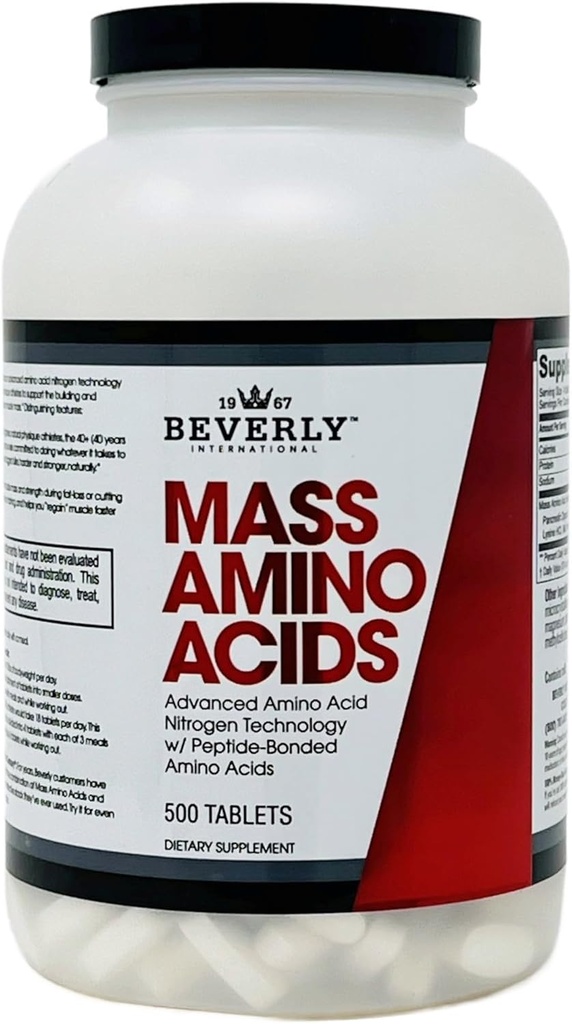 Beverly International Mass Αμινοξέα, 500 Tabs. Χρησιμοποιήστε Pre-Post προπόνηση, με γεύματα, Απαραίτητη για την αποκατάσταση των μυών και την επισκευή. Ολοκληρωμένο προφίλ οξέος Amino