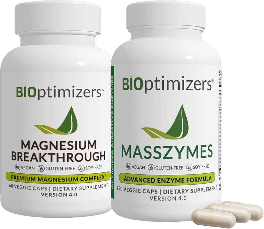 BiOptimizers Magnezyum 4, (60 Capsules) & MassZymes 4.0, (250 Capsules) - Doğal Uyku, Beyin ve Digestive Health Support Supplement Sche