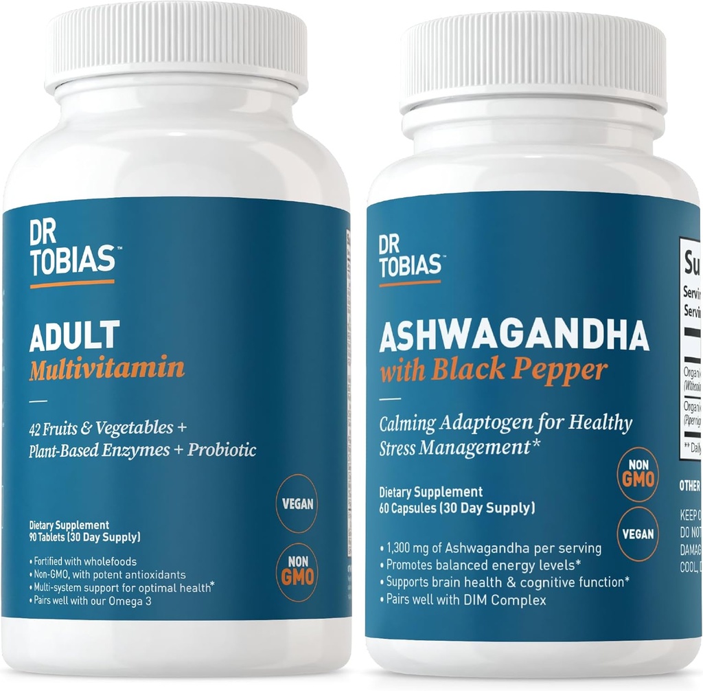 Dr. Tobias Yetişkin Multivitamins and Ashwagandha Capsules, Support General Wellness & Balanced Energy & Resilience, Vegan, Non-GMO