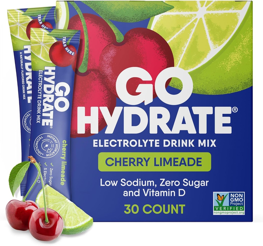 GoHydrate Low sodyum Electrolytes Toz Paketleri Sugar Free - Instant Hydration Daily Drink Mix - Zero Sugar Water Flavor Packet Singles with Vitamin D - (Cherry Limeade, 30 Packs)