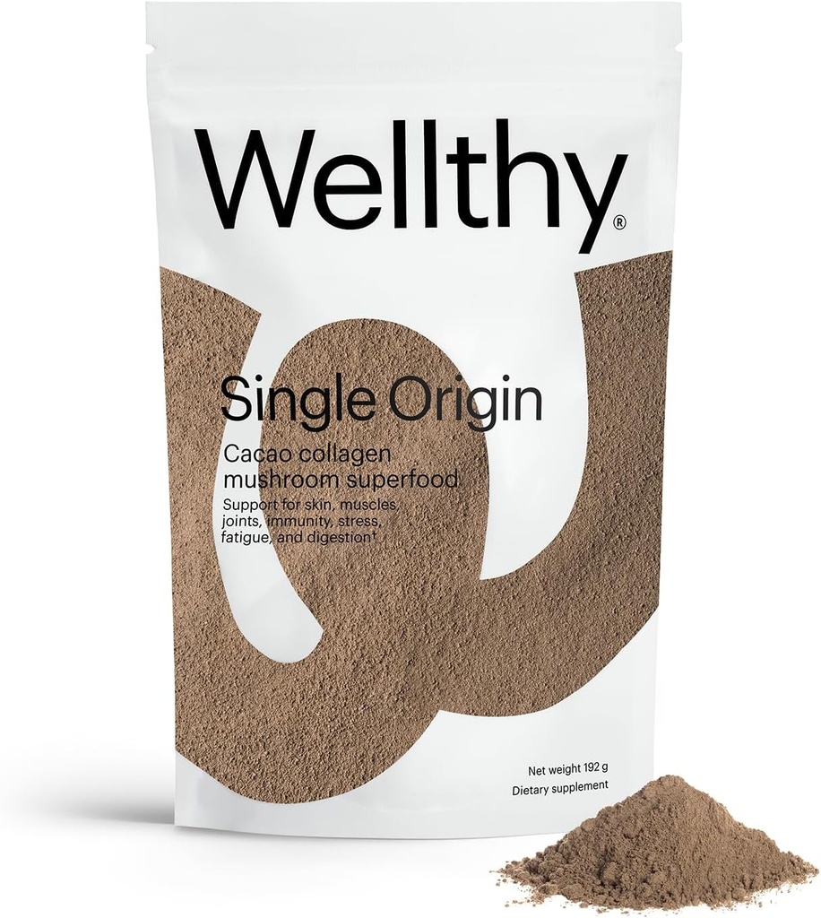 Wellthy Collagen Superfood Powder, καταπολεμά το άγχος και την κόπωση, Cacao, Mushroom Powder - Βιολογικά εκχυλίσματα Chaga & Reishi, Πιστοποιημένο οργανικό matcha, Allergen-Free & Non-GMO