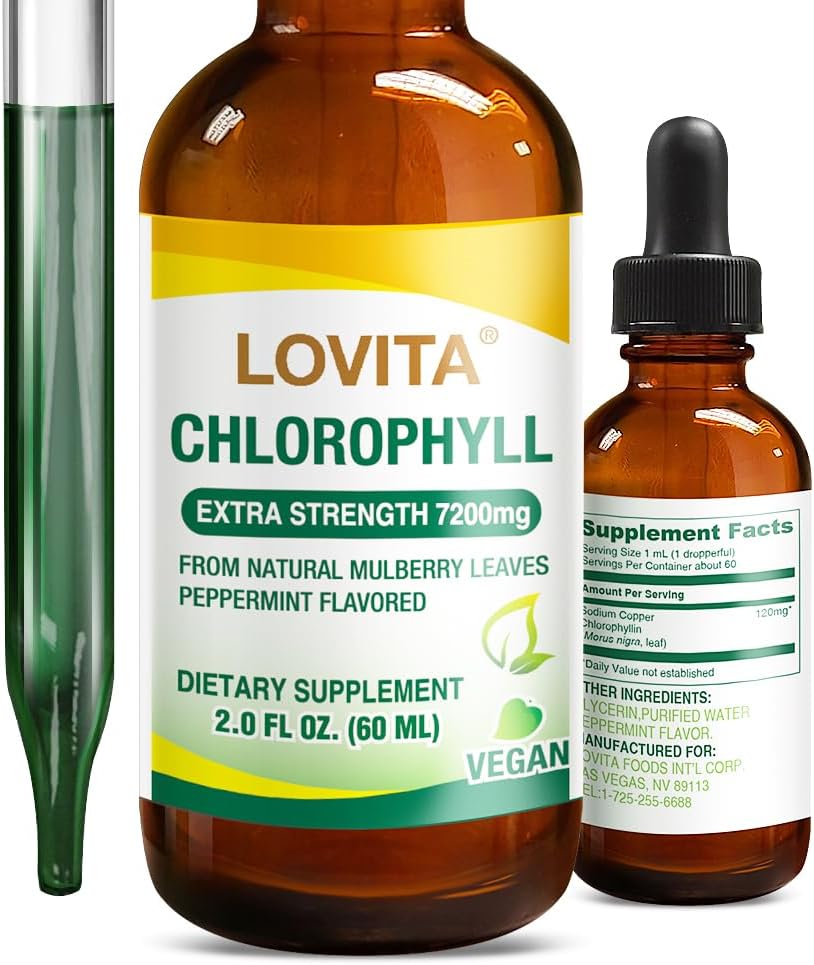Lovita Chlorophyl Liquid Drops, High Potency 120 mg/mL, 7,200 mg ανά φιάλη, Natural Energy Booster & Immune Support, Internal Deodorant, Skin Health, Vegan & Non-GMO, Mint Flavor, 60 Services 2 Oz