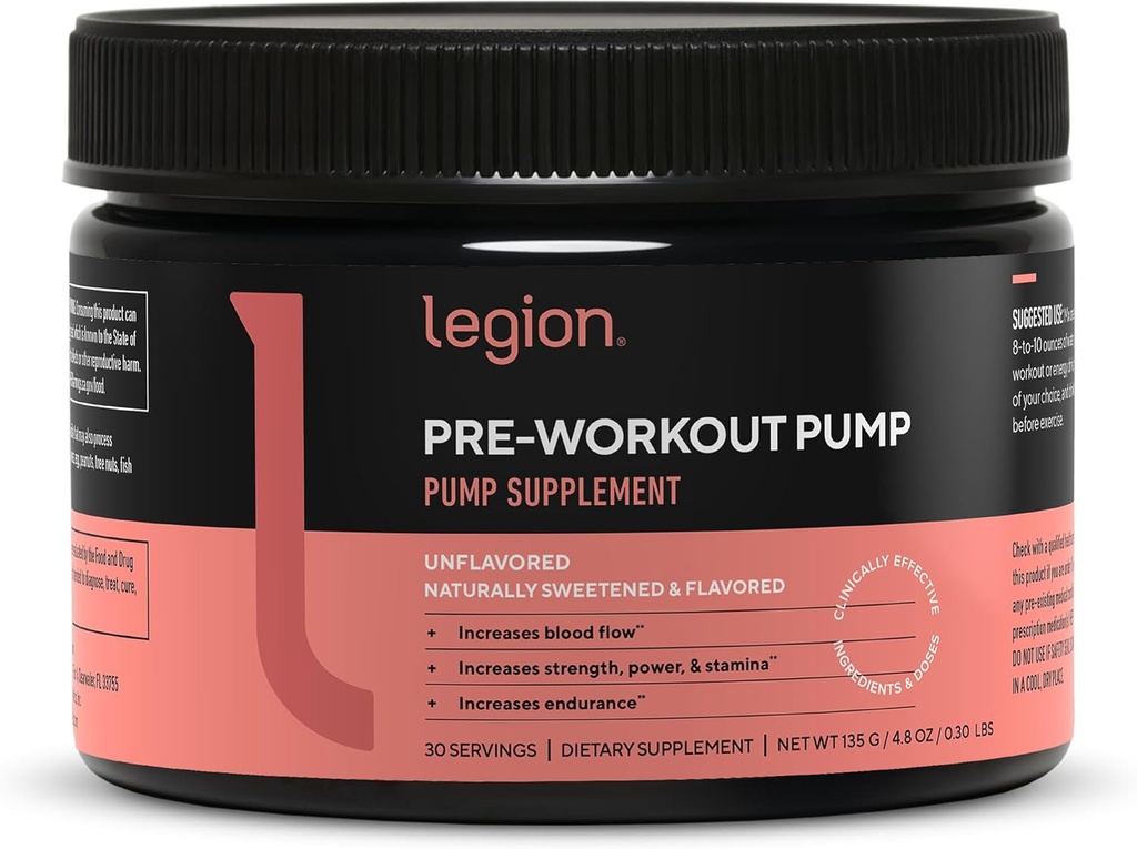 LEGION Pre Workout Pump - Arginine Supplement Boosts Nitrik Oksit Prodüksiyon - Nitrik Oksit Desteği Güçlü ve Stamina'yı arttırmaya yardımcı olur, Gelişmiş Muscular Verimliliği (Unflavored, 30 Hizmet)