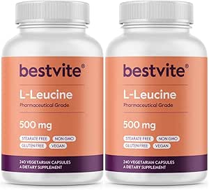 BESTVITE Filler-free L-Leucine 500mg ανά κάψουλα (480 κάψουλες χορτοφάγων) (240x2) – Χωρίς Stearates, χωρίς Fillers – Vegan, μη-GMO, συμπλήρωμα λεουκίνης χωρίς γλουτένη – Essential Amino Acid Supplement