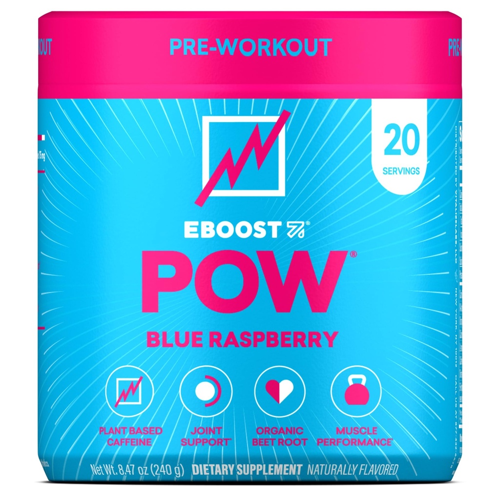 EBOOST POW Natural Pre Workout Toz - 20 Hizmet - Blue Raspberry - Performans, Ortak Hareketlilik Desteği, Enerji - Erkekler ve Kadınlar - Gluten-Free, No Tinatine-Free,