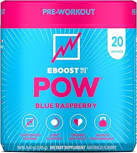 EBOOST POW Natural Pre Workout Toz - 20 Hizmet - Blue Raspberry - Performans, Ortak Hareketlilik Desteği, Enerji - Erkekler ve Kadınlar - Gluten-Free, No Tinatine-Free,