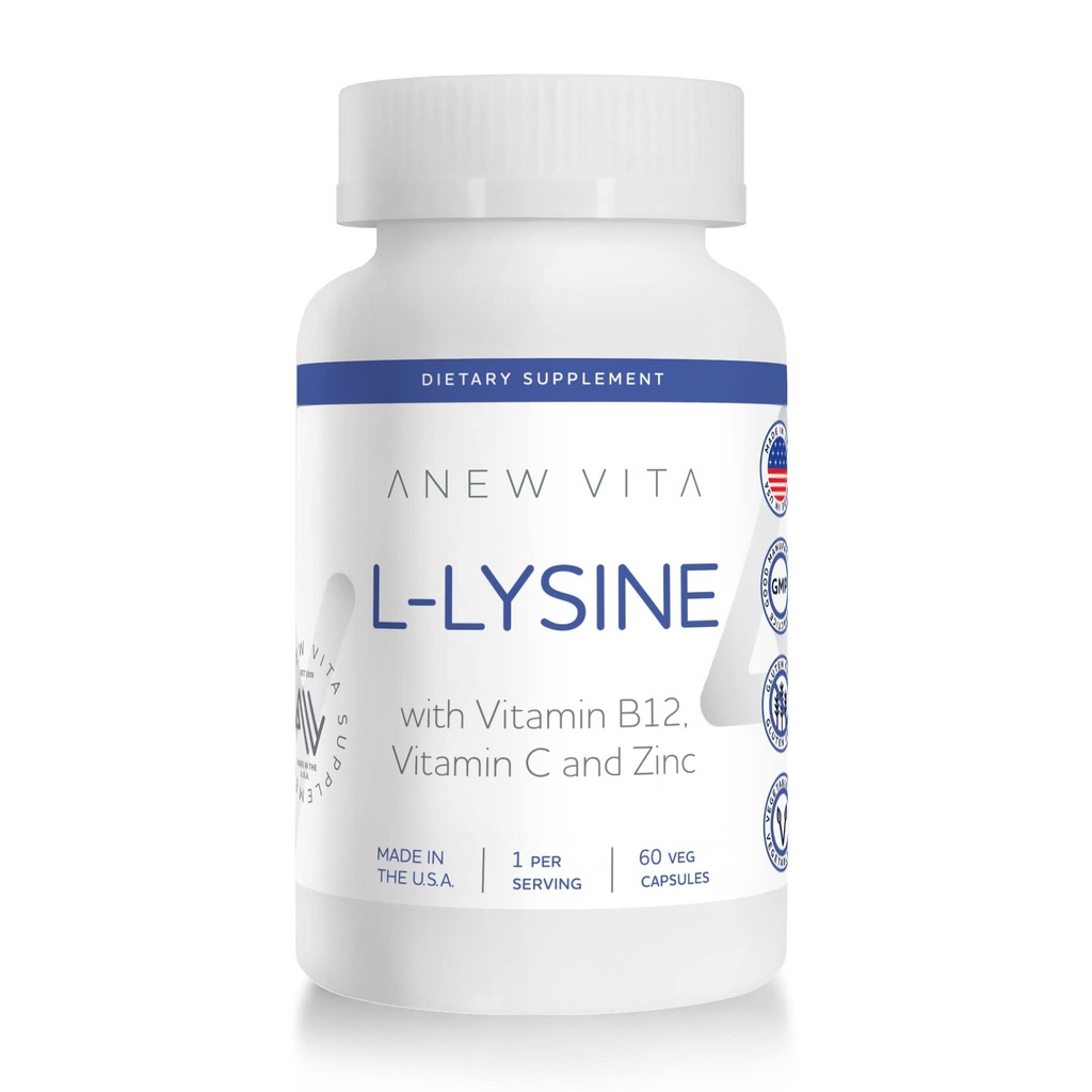 L-Lysine Supplement with Vitamin B12 + C + Çinko for Lip, Mouth, and Oral Tcon Health - Gelişmiş Wellness Desteği - Non-GMO, Gluten-Free - Made in USA - 60 Sebze Capsules, 500 mg