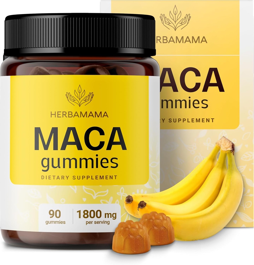 HERBAMAMA Maca Root Gummies - 1800 mg Maca Root Extract for Energy Support - Vegan, Non-GMO Antioksi Support Supplement - 90 Pectin-Based Banana-Flavored Chews
