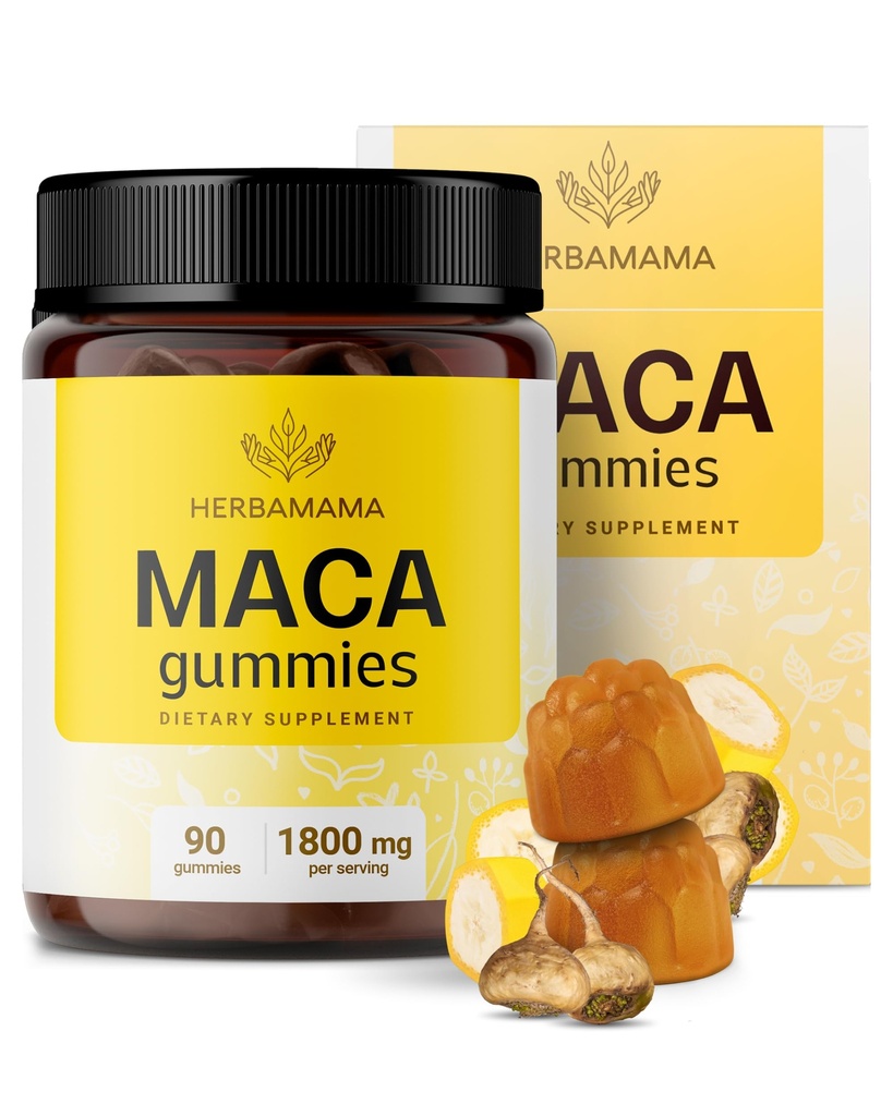 HERBAMAMA Maca Root Gummies - 1800mg εκχύλισμα ρίζας Maca για την ενεργειακή υποστήριξη - Vegan, συμπλήρωμα αντιοξειδωτικών μη ΓΤΟ - 90 Pectin-based Banana-Flavored Chews