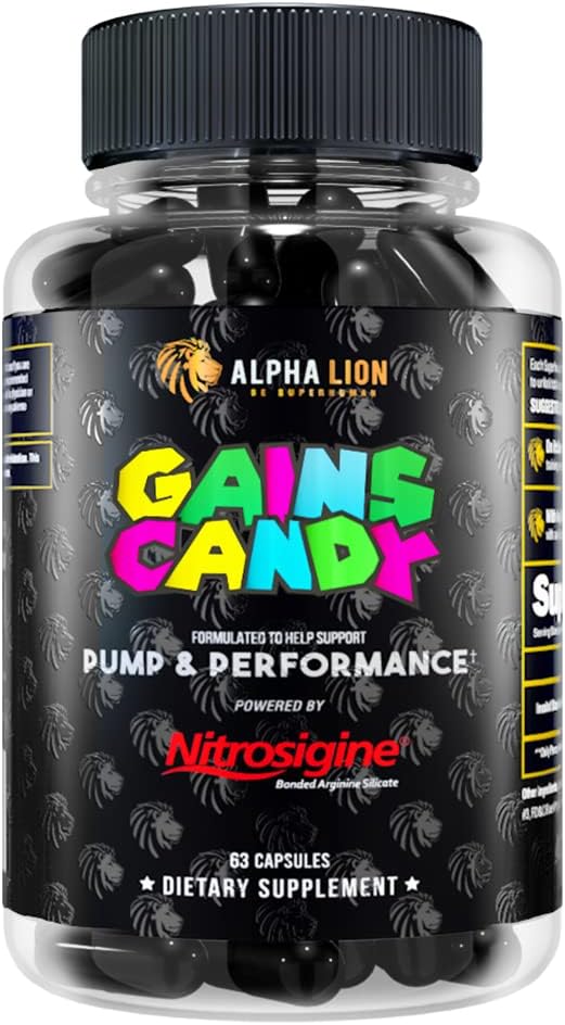 ALPHA LION Gains Candy, χάπια συμπλήρωμα για την αντλία μυών & ροή του αίματος, Nitric Oxide Booster, υποστηρίζει ψυχική εστίαση, χρήση καθημερινά για την αναβάθμιση της απόδοσης προπόνησης, 63 κάψουλες (Nitrosigine)