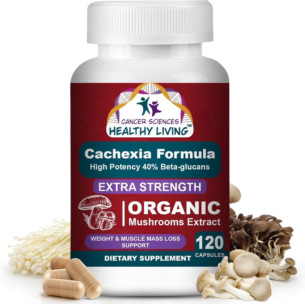 CANCER SCIENCES Cachexia Supplement, USDA sertifikalı Organik Mushrooms Extract Capsules, Ekstra Güçlü 1,500 mg, Yüksek Potency 40 Beta-Glucans, Immune & Metabolic Support, Kilo & Muscle Mass Support,