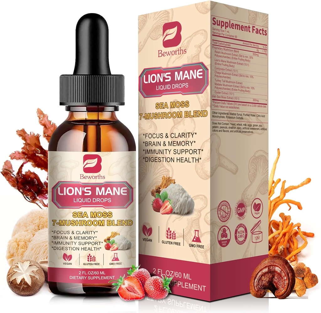 Mushroom Complex Liquid Drop, 8 in 1 Lions Mane Mushroom Supplement with Irish Sea Moss, Chaga, Türkiye Tail, Cordyceps & More for Brain, Focus, Cognitive & Immune Support, Vegan,Strawberry Flavor,60mL