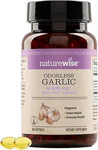 NatureWise Odorless Garlic Supplement 4000mg - Ultra Poent 100:1 Extract - Healthy Cholesterol Formula, Heart Health Support - Non-GMO, Gluten Free, with Hanal Gelatin - 180 Count[90-Day Supply]