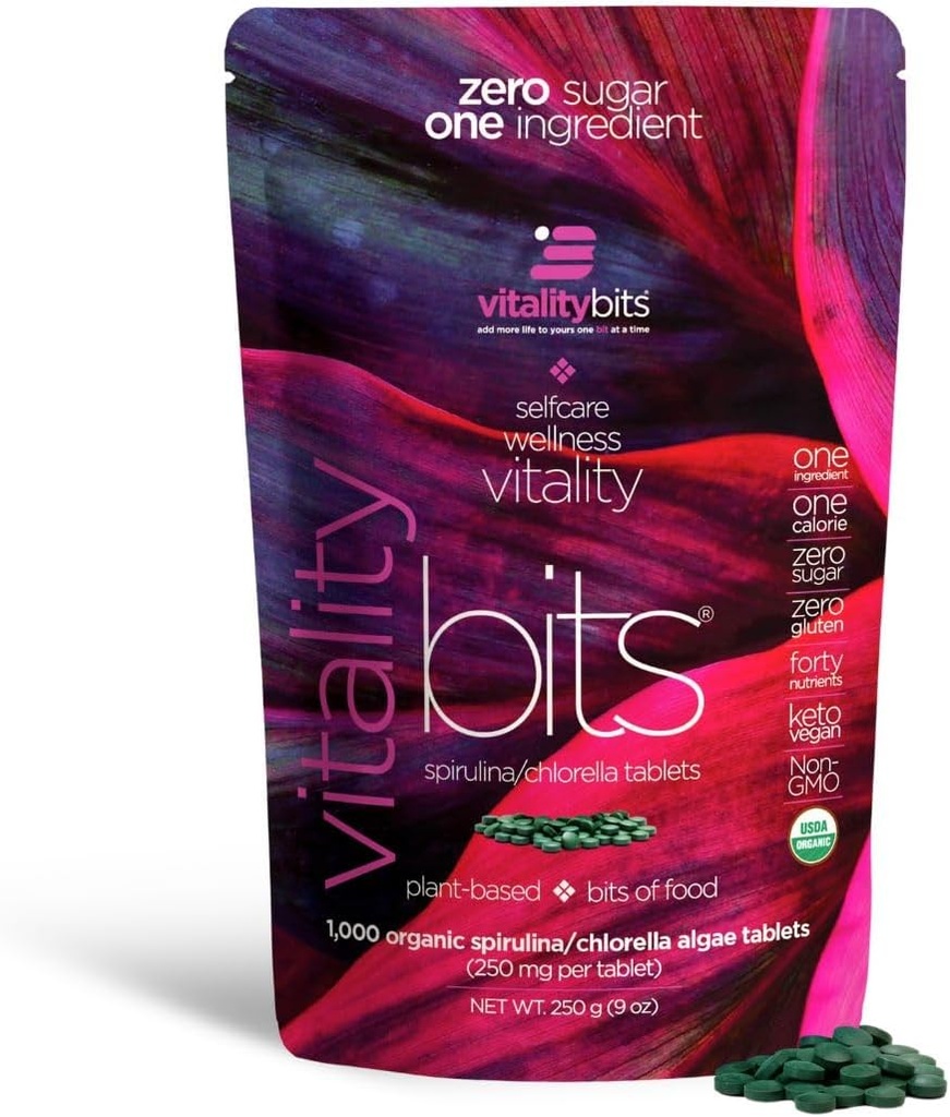 VITALITYbits - Βιολογικά Δισκία Spirulina & Chlorella - Algae Superfood - Ενέργεια, Αυτο φροντίδα, Ομορφιά - Αντικατάσταση Πράσινα, Συμπληρώματα, Πρωτεΐνη, Σνακ - Vegan, Keto, Χωρίς Γλουτένη - 1000 Tablets Τσάντα