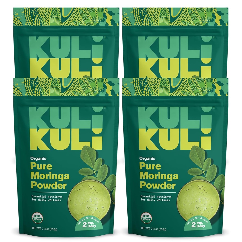 Kuli Kuli Moringa Oleifera Organic Leaf Powder & Green Smoothie, 100% καθαρό USDA Certified & Non-GMO Moringa Powder, Μεγάλη με Smoothies, Τσάι, και Τροφίμων, 4 Πακέτο