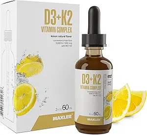 Maxler Βιταμίνη D3 K2 Σταγόνες με MCT Oil - Καρδιά, Οστά & Ανοσοποιητική Υποστήριξη - Όχι ΓΤΟ, Χρώματα, Γλυκαντικό, Αλκοόλ - Βιταμίνη D3 5000 IU & Βιταμίνη K2 500 mcg ανά 1 Σερβίρισμα - 120 Σερβιέτες Γεύση Λεμονιού