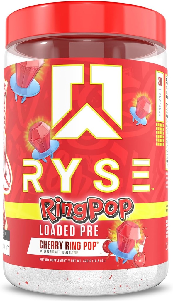 RYSE Loaded Pre Workout Toz - Ring Pop Cherry - 325 mg Caffeine, Beta Alanine ve Citrulline for Pump, Focus, and Energy - 30 Servisler