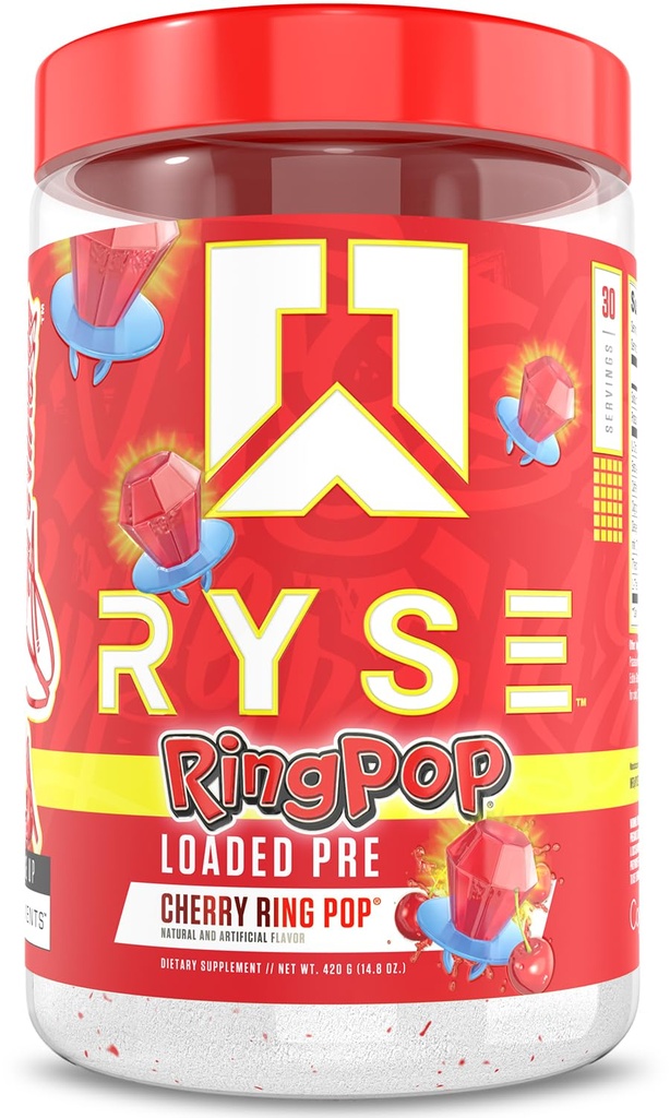 RYSE Loaded Pre Workout Toz - Ring Pop Cherry - 325 mg Caffeine, Beta Alanine ve Citrulline for Pump, Focus, and Energy - 30 Servisler
